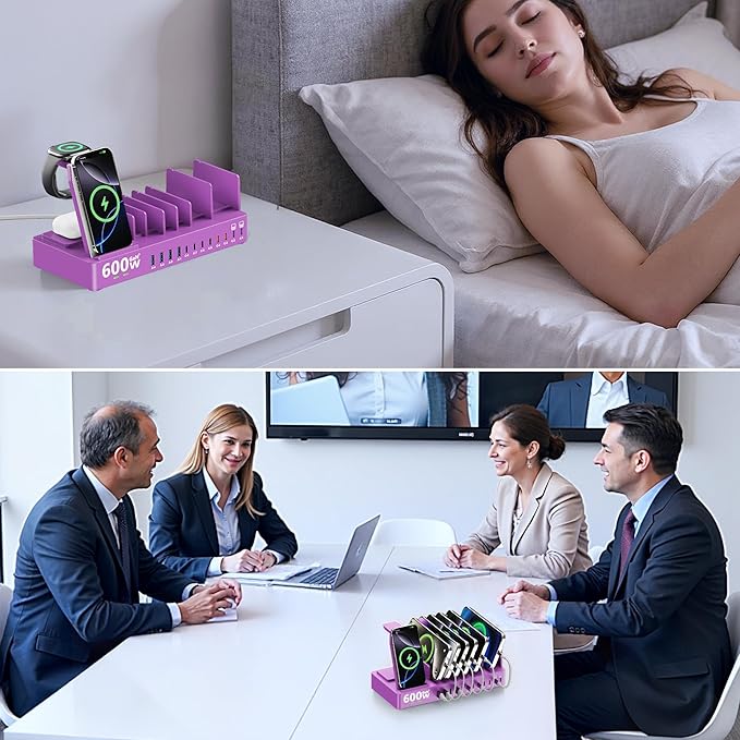 600w Charging Station for Multiple Devices, 15 in 1 Wireless Charger with 2pack 100w USB C Charger Cable, Dual 100w USB C Tablet Charging Station for MacBook,iPhone,iPad,Tablet(Purple)
