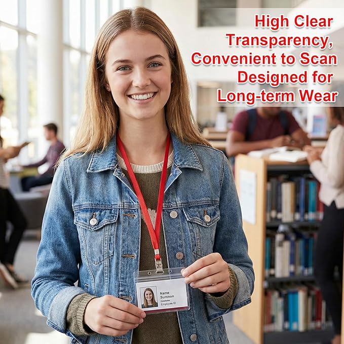 Marspark 200 Sets Clear Name Tags with Lanyard, Lanyards for ID Badges Reusable Strap with ID Holder Plastic Name Badges for Adults Business School Church Conference (Red)