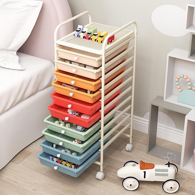 GLACER 10 Drawers Rolling Cart, Storage Cart with w/Removable Drawers & Steel Frame, Utility Mobile Trolley w/Universal Casters & 2 Brakes, Organizer Cart for Home, School, Office (Macaron)