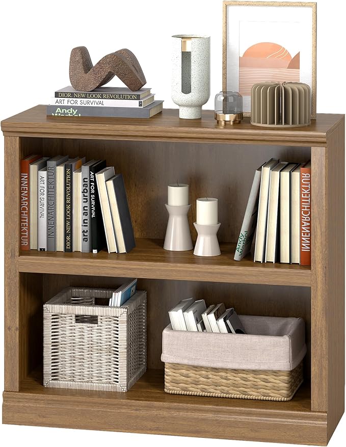blini 2-Shelf Bookcase Wooden Bookshelves 33in Wide Floor Standing Display Storage Shelves Vintage Oak Bookcase for Home Office, Living Room, Bed Room