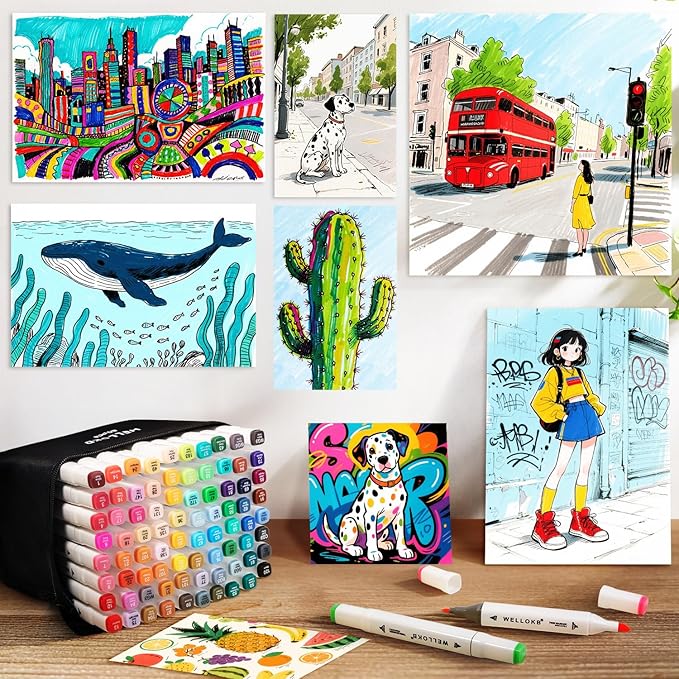 WELLOKB Alcohol Markers Set, 80 colors Alcohol Based Dual Tip, Broad and Fine Tip for Adult Coloring Books, Drawing, Sketching