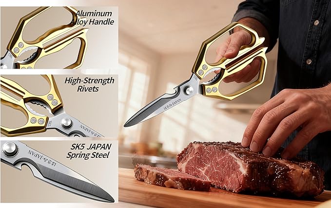 Kitchen Scissors Gold - Stainless Steel Shear, Sharp Meat Cutting Scissors Dishwasher Safe, Poultry Shears Heavy Duty, Japanese Cooking Scissor for Food, Christmas Gifts for Men Women