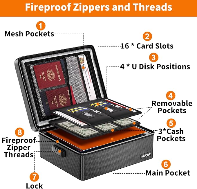 ENGPOW Fireproof Document Box with Lock, Fireproof Water Resistant Heat Insulated Safe Box Hard Case with Fireproof Zipper, Portable Home Office Travel File Organizer for Important Documents and More