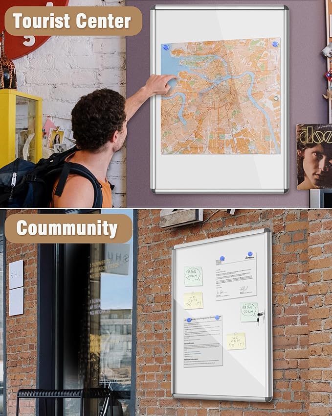 Mifuro 38"x28" Enclosed Bulletin Board, Lockable Weather-Resistant Aluminum Noticeboard for School & Office, Silver Frame w/Magentic Whiteboard