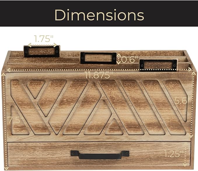 BLU MONACO | Natural Wood Desktop Mail Organizer with Drawer | Three-Tier Mail Sorter with Black Label Holders | Countertop Mail Holder & Document Storage for Home or Office