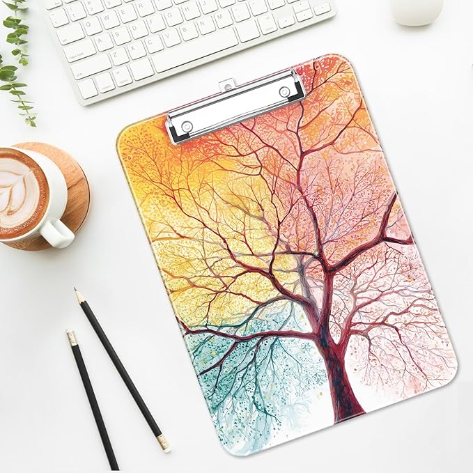 Luminzo Plastic Cute Clipboard Low-Profile Metal Clip, A4 Letter Size 9 x 12.5 in, 8.5 x 11 Paper Clip Board for Teachers, Nurses, Classroom,Sunset Tree