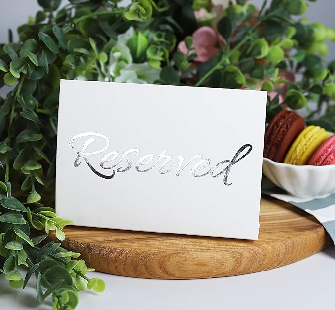 20 Pack Modern White Reserved Table Sign with Silver Letters - Reserved Signs For Wedding - Wedding Accessories - Tent Signs For Reserving Seats & Places - Place Cards for Party, Event