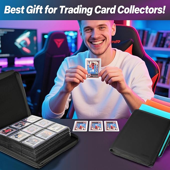 Sibonic 9 Pocket TopLoader Binder, Holds 360 3”x4” Toploader Hard Cases, Sleeves Card Collection Binder, 20 Double Sided Pages, Compatible with Trading & Sports Holder - Black