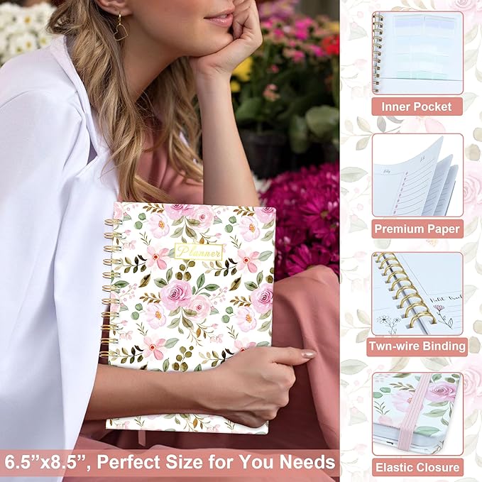 Undated Weekly and Monthly Planner – 12-Month To Do List Notebook Organizer with Goal & Habit Tracker, Monthly Calendar, Spiral Productivity Journal Ideal for Work, School & Home, 6.5" x 8.5", Rose