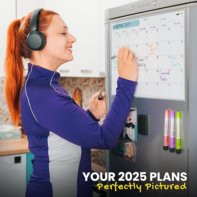 Monthly Magnetic Calendar for Refrigerator - 17x12” Stain-Resistant Dry Erase Fridge Calendar Whiteboard with Large Writing Space for Schedules, Chores & Meals - With 4 Markers & Eraser - Sunday Start