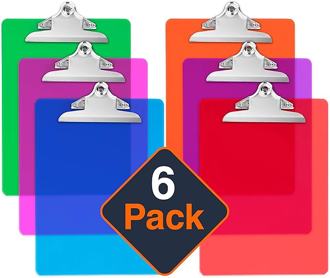 Plastic Clipboards with Butterfly Clip Set of 6-12.5 x 9 Inch Multi Color Plastic Clipboards Bulk - Clear Clipboards Bulk Classroom Holds 100 Sheets, Acrylic Clipboard Clear 6 Pack