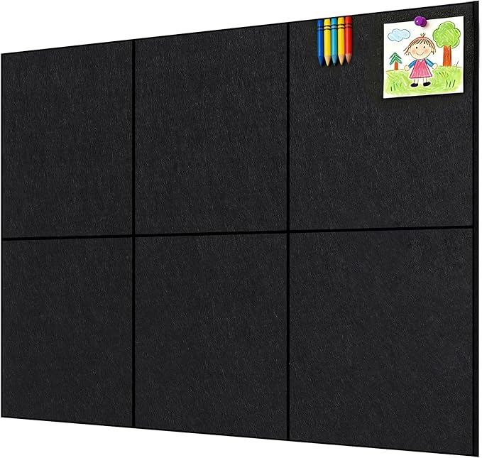 Large Cork Board, Black Bulletin Board 36"x 24", 6 Pack Felt Wall Tiles with 35 Pcs Pushpins, Pin Boards for Office, Home & Classroom