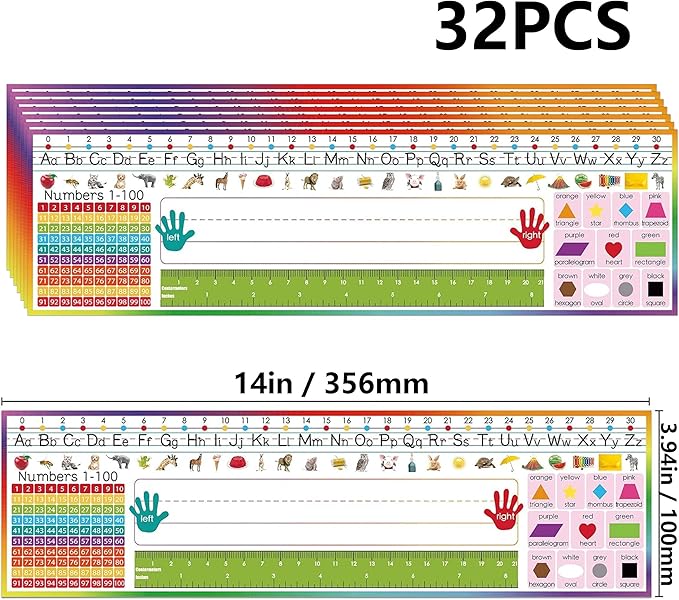 INKNOTE 32 PCS Name Tags for Classroom Multipurpose Manuscript Nameplate for Desks with Alphabet Numbers Ruler and Shapes for Kid from Pre Kindergarten to Primary School