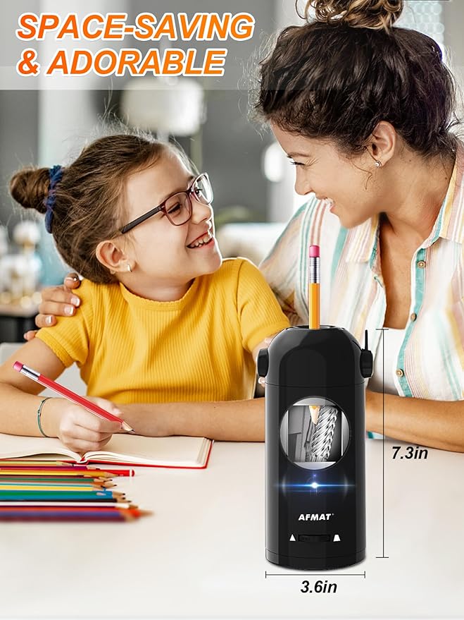 AFMAT Electric Pencil Sharpener, Fully Automatic Pencil Sharpener for Classroom, Robot Sharpeners for 7-11.5mm No.2/Jumbo/Colored Pencils, Auto in & Out, Rechargeable & Cordess, Hands-Free, PSX5,Black