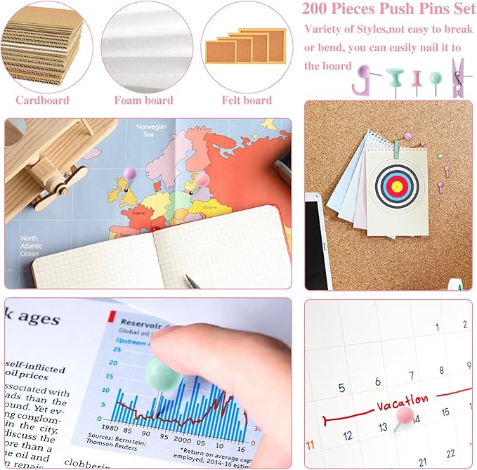 200 Pieces Push Pins Set, 5 Types Colorful Thumb Tacks Cute Decorative Push Pins for Wall Cork Board Bulletin Boards with Storage Box