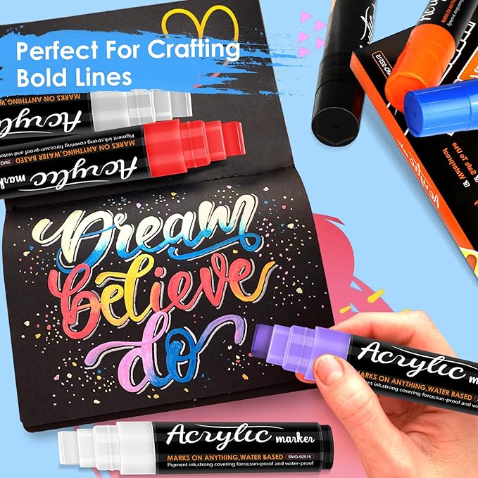 Jesew Acrylic Paint Markers, 10 Jumbo Colored Markers, 15mm Jumbo Felt Tip, Waterproof and Permanent Ink Paint Pens for Rock Painting, Stone, Ceramic, Glass, Wood, Canvas, Outdoor Paintings,Signs