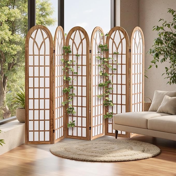 Asnefeli 6 Panel Japanese Room Divider, Shoji Style Partition Divider, Fully Assembled Wooden Privacy Screen for Home Office Bedroom Apartment Decoration, Natual