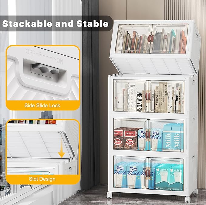 UAMFURI Extra Large Stackable Storage Bins with Lids & Wheels & Door, 208QT-52QT/13GAL*4Pack Foldable Collapsible Closet Organizers, Plastic containers drawers for bedroom Dorm