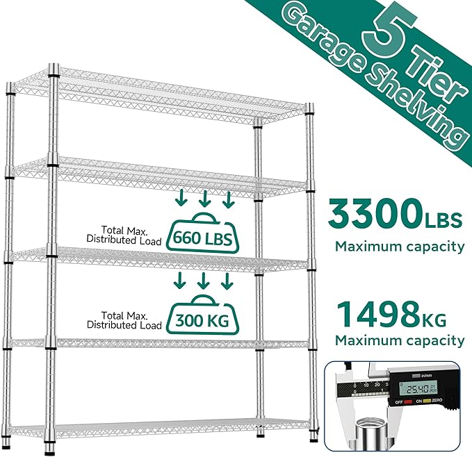 M MZG 5 Tiers Shelf 3300 lbs Steel Storage Shelving Utility Shelving Unit Steel Organizer Wire Rack for Home,Kitchen,Office,Garage Chrome 17.7" D x 47.2" W x 70.3" H