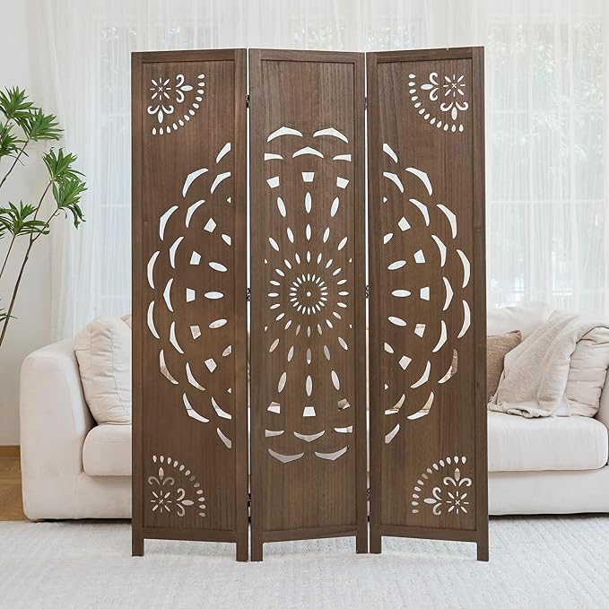 66.9Inch Wooden Room Partition - 3 Panels Boho-Styled Space Room Divider for Home/Office, Headboard & Yoga/Photo/Video Call Backdrop (Brown)