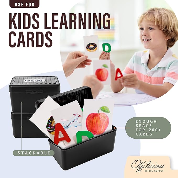 OFFILICIOUS Black Index Card Holder 4x6 - Index Card Box With Index Dividers, Ruled Cards & Stickers - Recipe & Flash Card Holder Box Organizer