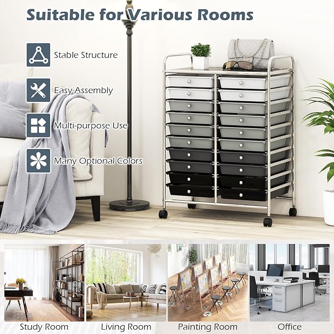 Happygrill 20-Drawer Organizer Cart Tools, Mobile Utility Storage Cart with Removable Drawers & Lockable Wheels, Rolling Storage Cart with wheels for Home Office School (Gradient Grey)