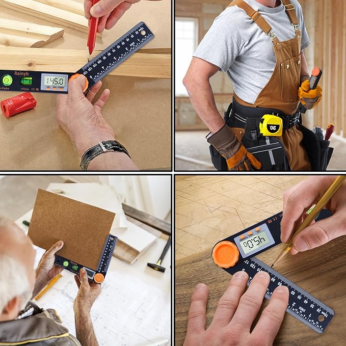 Rainyb Digital Angle Finder Tool 5 inch Pocket Protractor 0-360 degree LED Digital Protractor with Horizontal Bubble Levels and Ruler Meter Accurate Tool for Carpenters,Woodworkers,Fabricators(5 inch)