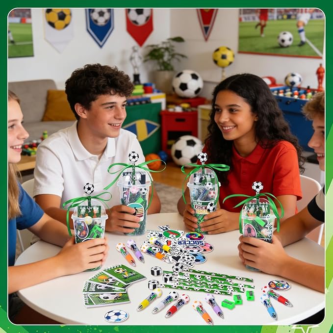 LiYiQ 247 Pcs Soccer Party Supplies Return Gifts for Party, Student Stationery Gifts from Teacher Rewards Prizes, Pencil Erasers Notebooks Stickers for Soccer Classroom Birthday