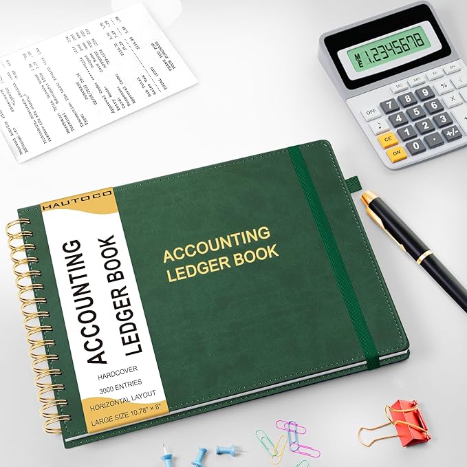 HAUTOCO Hardcover Accounting Ledger Book for Small Business Bookkeeping Horizontal Money Expense Tracker Notebook with 2 Storage Pouch, Personal Columnar Log Journal 10.78 x 8'', Dark Green