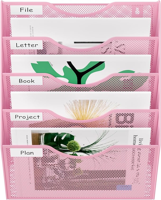 EasyPAG 5 Pocket Mesh Wall File Organizer, Hanging Paper Folder Holder with Classify Label, Vertical Wall Mount Mail Organizer for Office Home Classroom, Pink