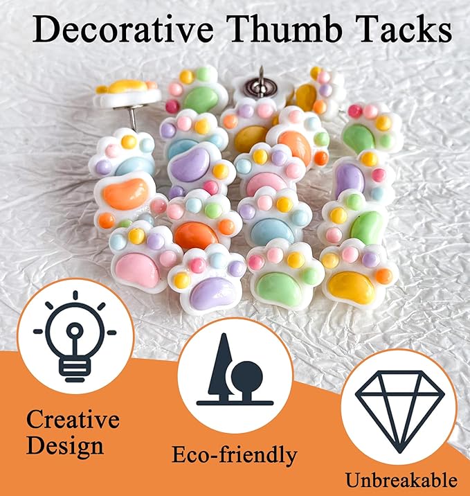 30 Pcs Cute Push Pins,Decorative Thumb Tacks,Animal Push Pins for Photo Wall Maps,Memo Note,Bulletin Board or Cork Boards,Multi-Functional Pushpin Tool Office Accessories(Cat paw-3)