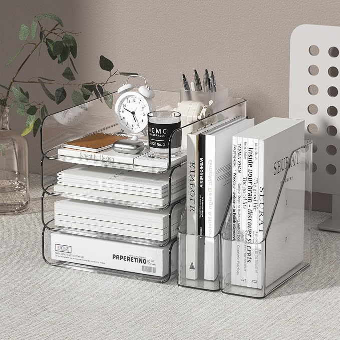 FANXIYQ 4-Tier Brown Acrylic Paper Tray Organizer for Desk + 2 Bookends – Stackable Letter Tray, Acrylic Desk Accessories/File Organizer, Office Paper Organizer
