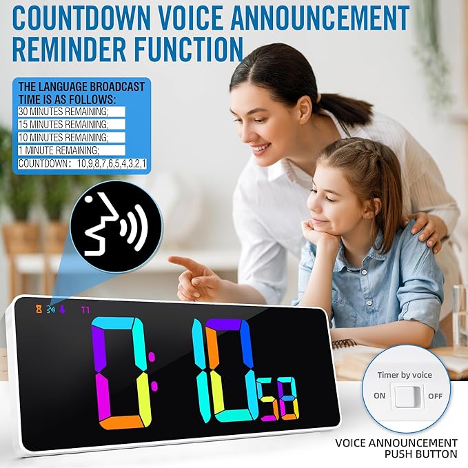 KMMKGG Large 13.7" LED Digital Timer(5''Nunmber), 11 Color Changing, Count Up/Down Timer with Remote Control, Adjustable Brightness Wall Clock for Home, Office, Gym, Elderly, Auto DST