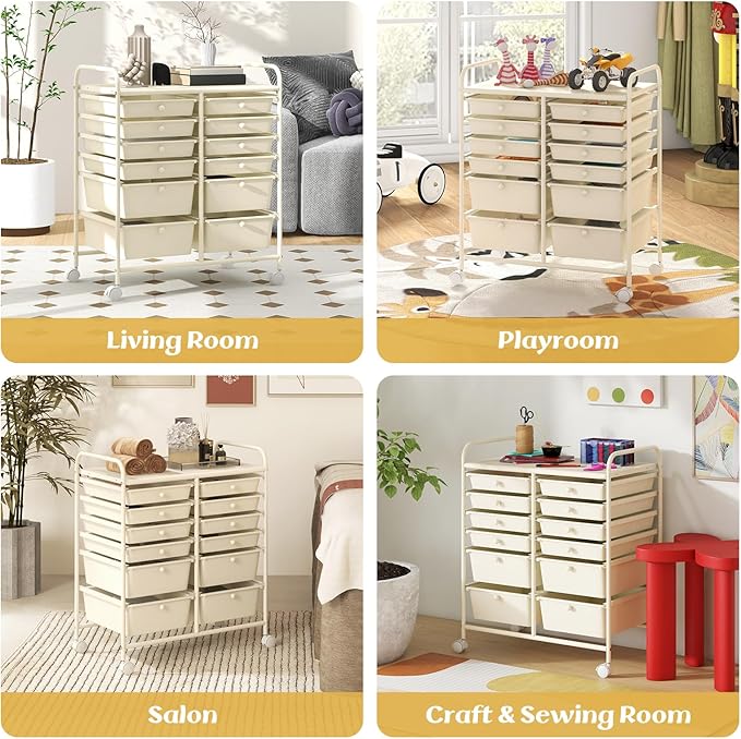 LDAILY 12 Drawer Rolling Storage Cart, Craft Cart Organizer on Wheels w/Metal Frame, Large Capacity & Smooth Drawer, Rolling Cart w/Drawers for Classroom, Office