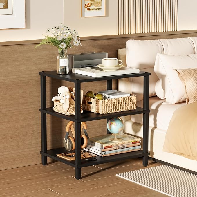 LELELINKY 3-Tier AV Media Player Stand Set of 2, Black Stereo Cabinet, Wooden TV Stand,Game Console Shelf, Multifunctional Entertainment Center, Suitable for Home, Conference Room, Game Studio