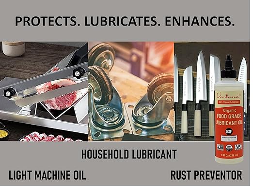 Verdana Food Grade Lubricant Oil – Organic, Kosher, NSF H1, Non-GMO – Petroleum-Free Light Machine Oil for Meat Slicers, Grinders, and Food Contact Equipment – Rust & Corrosion Inhibitor – 8 Fl Oz