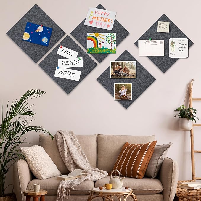Bouiexye Felt Cork Board Tiles 6 Pack Grey Bulletin Boards 12"x12" - 1/2" Thick Corkboards for Wall Bulletin Board Self Adhesive with 100 Push Pins for Wall School Home Office