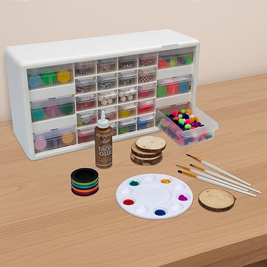 Akro-Mils 24-Drawer Plastic Drawer Storage Cabinet for Garage Organization, Bead Organizer, Building Bricks Storage, Teacher Toolbox, Makeup Organizer, 20" W x 6" D x 16" H, 10124 White