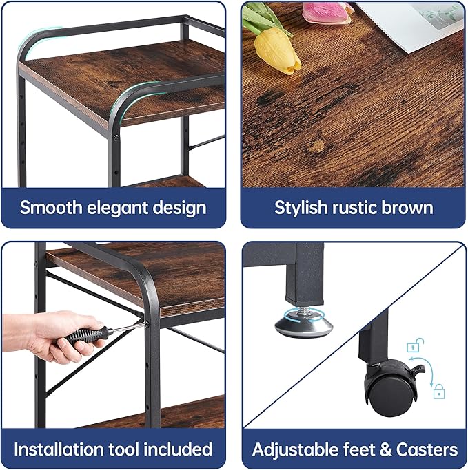 Fannova Under Desk Printer Stand, 20 Inches Deep Large Printer Table with Height Adjustable Storage Shelf, 2 Tier Rolling Printer Cart with Wheels for Home Office - Rustic Brown