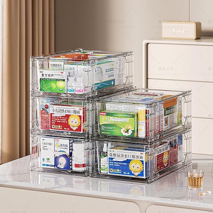 Sgoostood 6 Pack Stackable Organizer Drawers, Clear Desk Storage Box,Transparent Drawer in Home, Office and Kitchen Pull Out Organizer Bins for Make Up, Pen, Desktop Stationary (6 Pack)