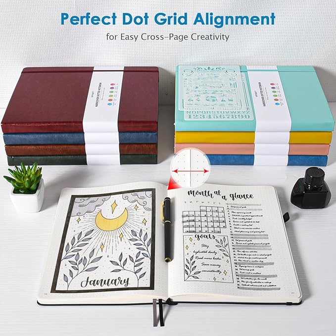 OFFIGIFT Dotted Journal Notebook, B5 Hardcover Bullet Notebook, 312 Numbered Pages Leather Notebook, 100gsm No Bleed Paper Dot Grid Notebook with Index Pages for Women Men, 7.6'' X 10'', Blue