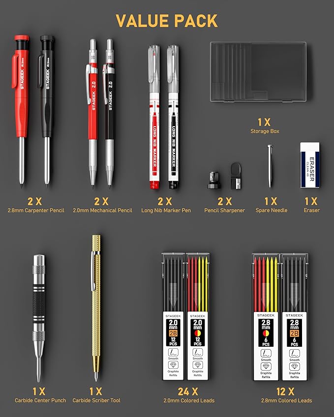 STAGEEK 17 Pack Carpenter Pencil Set with Sharpener, Mechanical Carpenter Pencils with 60 Refills, Deep Hole Long-Nib Marker Pens, Carbide Scribe Tool & Construction Pencils for Architect with Case