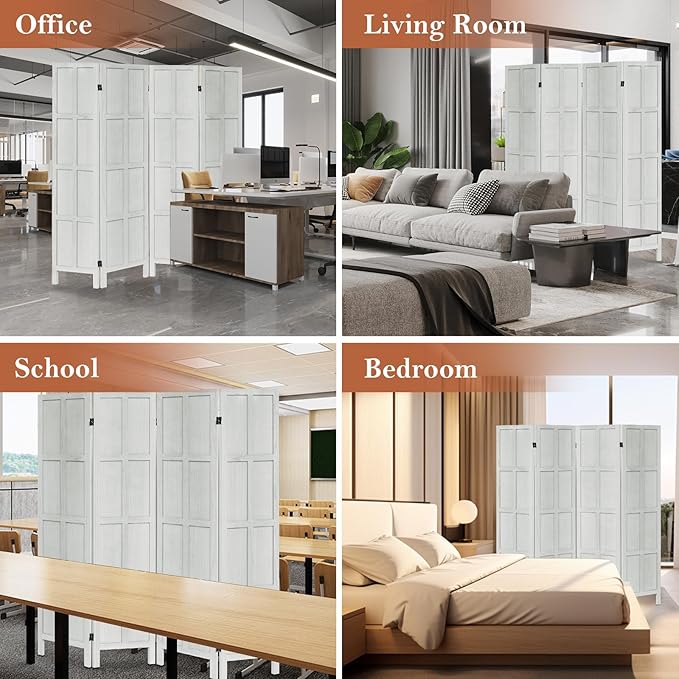 Leesinwing Wood Room Divider 4 Panel Folding Privacy Screen, Classic 5.6Ft Indoor Wooden Partition, Portable Partition Wall Divider for Room Separation, Home, Office, Bedroom, Restaurant (White)