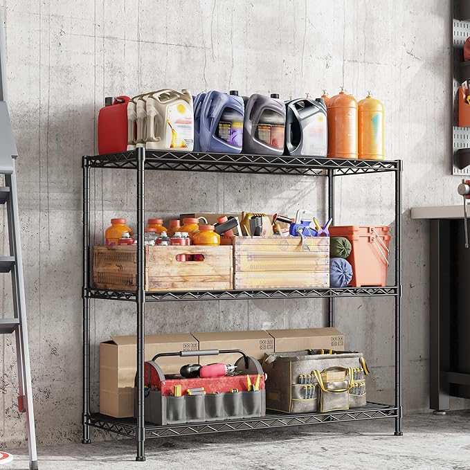 3- Shelf Metal Shelving Unit 35.6Wx14Dx36H,Adjustable Storage Shelves Heavy Duty Garage Steel Shelving for Office,Wire Rack Small Shelf for Kitchen Shelves Laundry Bathroom Pantry Closet Black