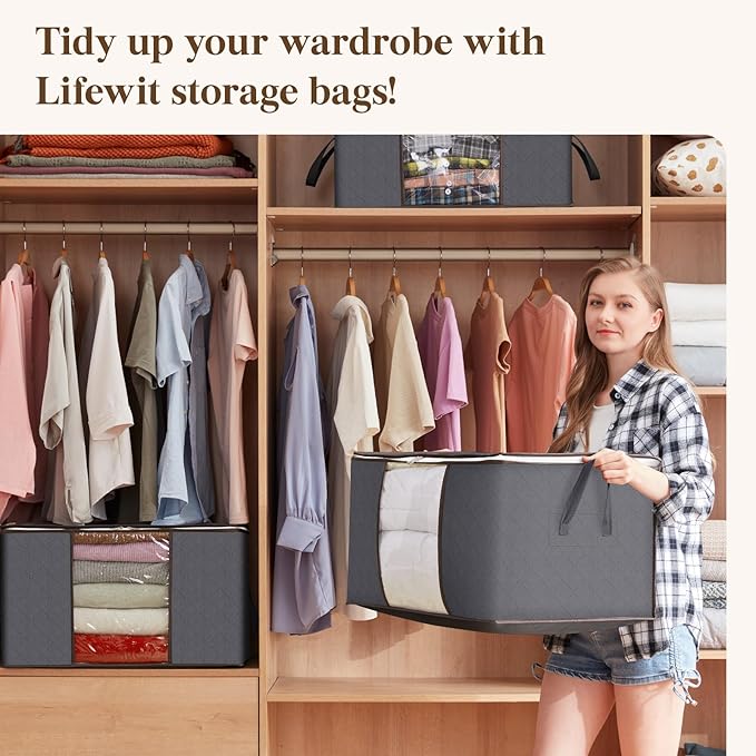 Lifewit 24 Pack Clothes Storage Bins with Lids, Foldable Blanket Storage Bags with Zippers, Clear Window and Reinforced Handles, Closet and Organization for Clothing, Sweater, Comforter, Bedding, Gray