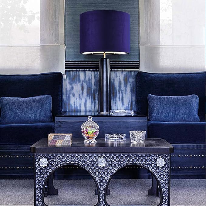 GO&SO Dark Blue Velvet Drum Lamp Shade Set of 2 Medium 13" Top x 13" Bottom x 10" High(Spider) Modern Lamp Shades for Table Lamps & Bedside Lamp Replacement Lampshade Required Assembly