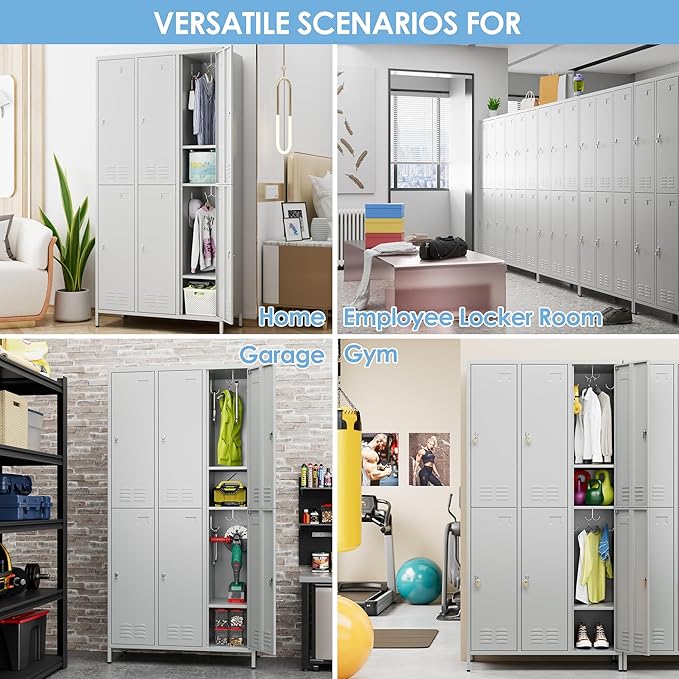 SUPEER 6 Doors Metal Locker Employee with Business Card Holder,Metal Locker for Employees with 18 Hooks for School Garage Office Gym Home,Assembly Required,Light Grey