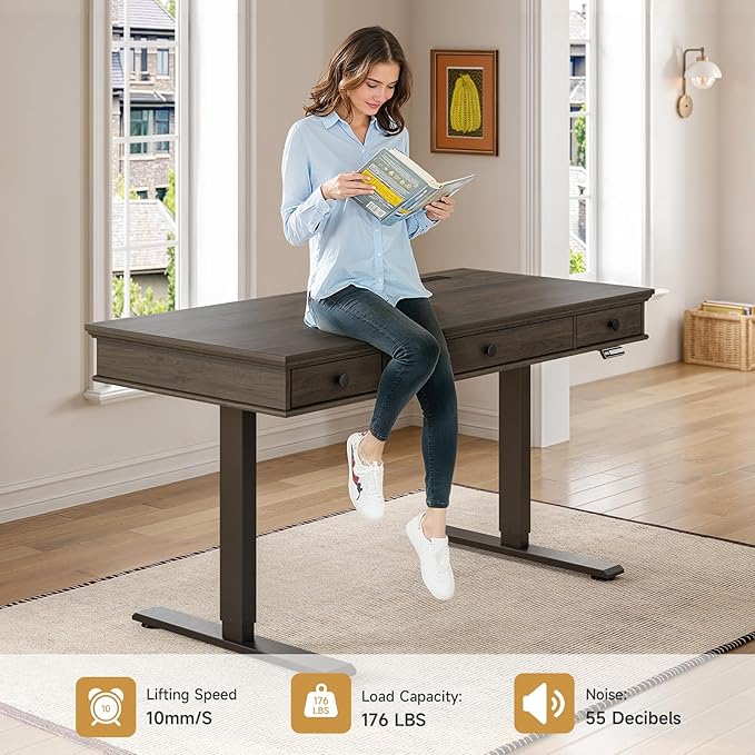 ONBRILL Standing Desk with Drawers, 55 x 23 Inch Electric Height Adjustable Desk with Storage & Outlets, for Computer Workstation, Home Office, Retro Curved Table Corner Design, Dark Walnut