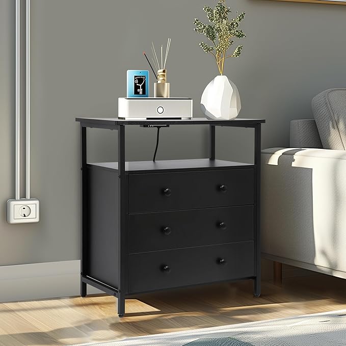 Edbuosy 3 Wooden Drawers Nightstand, 27 Inch Wide Night Stand Set 2 with Charging Station and Adjustable Drawers, Small Dresser for Closet, Bedside Table for Living Room/Bedroom/Office, Black.