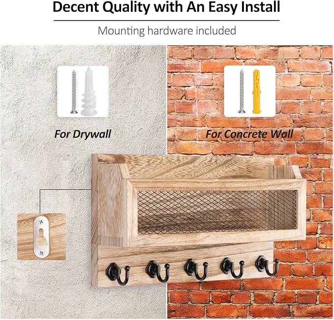 Nekon Mail and Key Holder for Wall Decorative, 11 Inch Wooden Wall Key Organizer with 5 Key Hooks, Wall Mount Storage Shelf for Entryway Hallway (Wood)